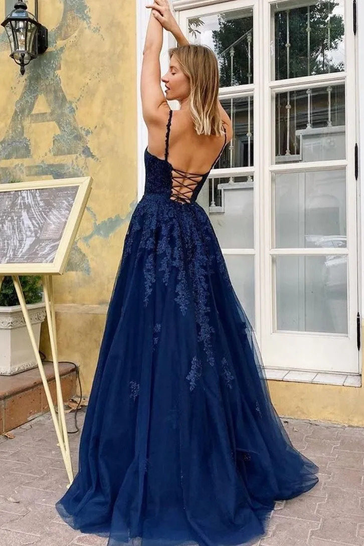 Backless Tulle Lace Long Prom Gown Dress with V-neckline