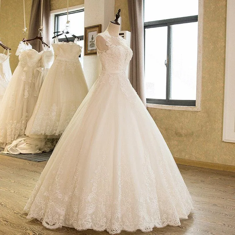 Ball Gowns Tulle High Neck Wedding Dress With Lace Applique TN0034