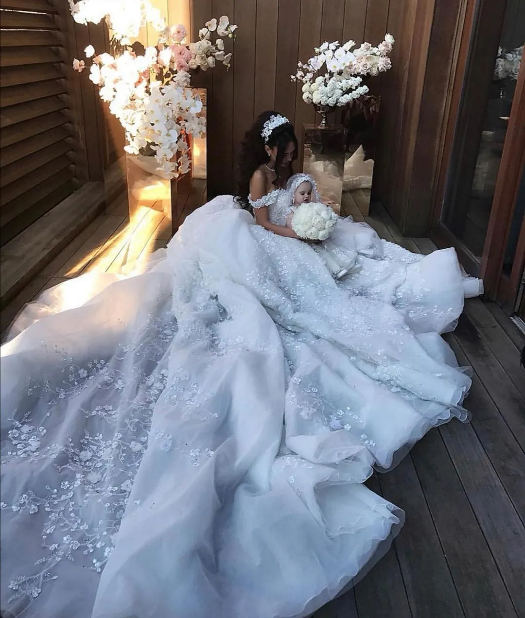 Bead Flower White Princess Wedding Gown Off-the-shoulder