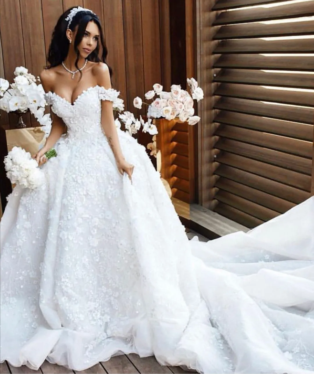 Bead Flower White Princess Wedding Gown Off-the-shoulder