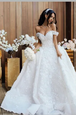 Bead Flower White Princess Wedding Gown Off-the-shoulder