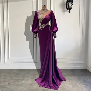 Beaded Crystals Purple Satin Women Formal Evening Party Gowns