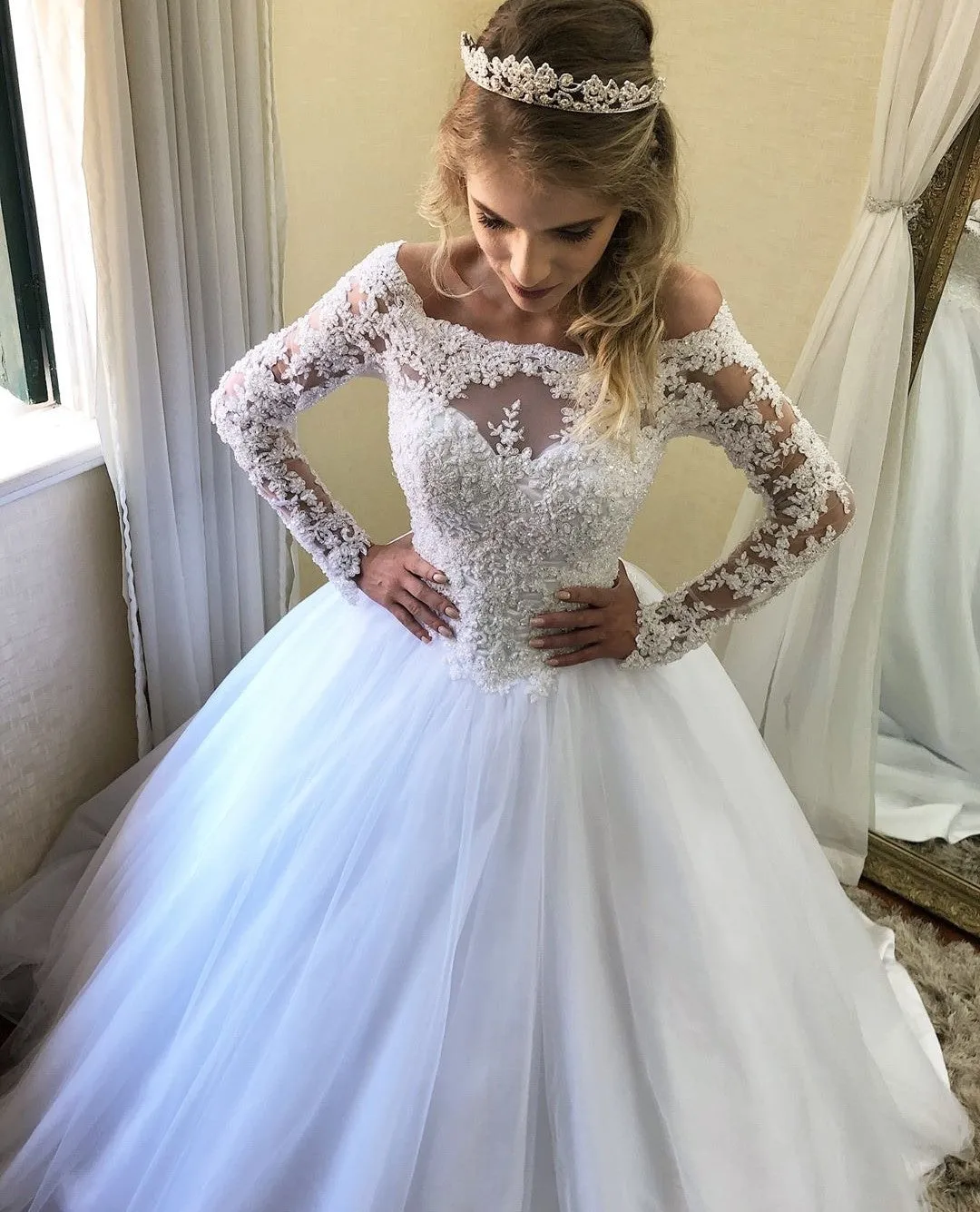 Beaded Lace Long Sleeves Wedding Dress Off-the-shoulder