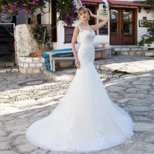 Beaning Appliques Lace Tulle Mermaid Wedding Dress