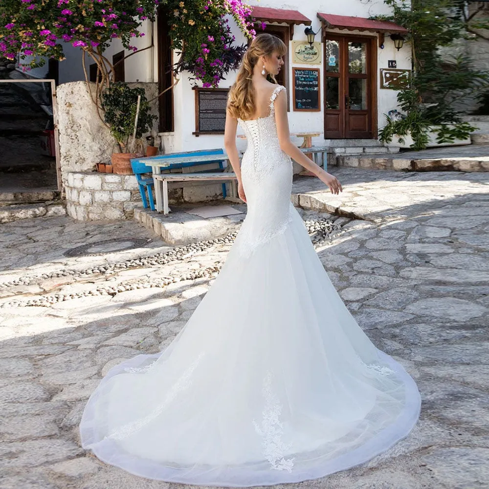 Beaning Appliques Lace Tulle Mermaid Wedding Dress