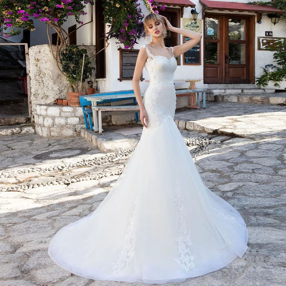 Beaning Appliques Lace Tulle Mermaid Wedding Dress