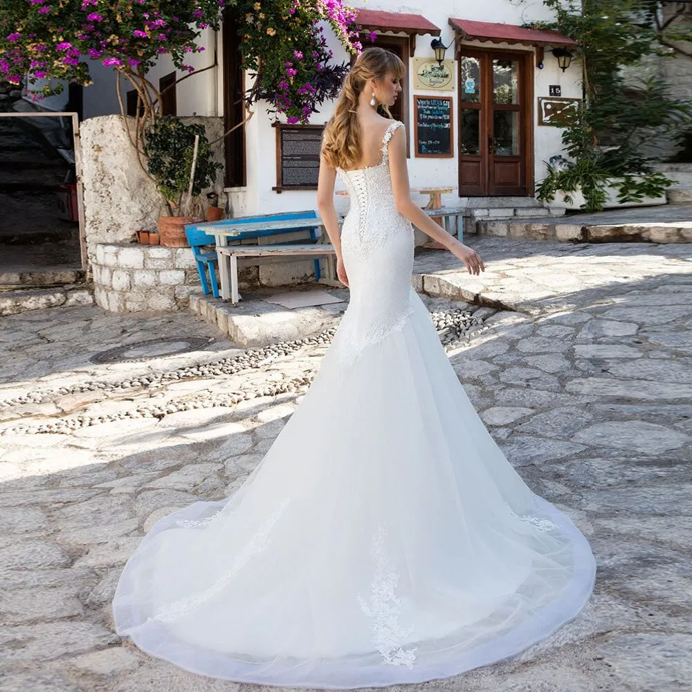Beaning Appliques Lace Tulle Mermaid Wedding Dress