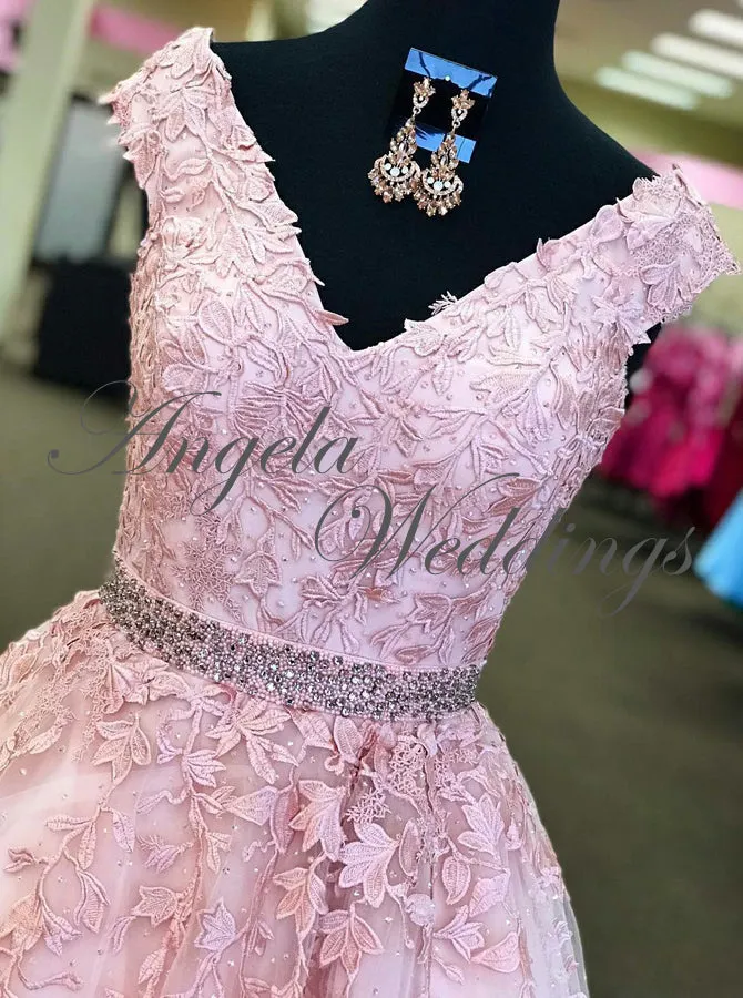 Beautiful Pink Lace Prom Dresses V-Neckline Long Pageant Gowns 2018