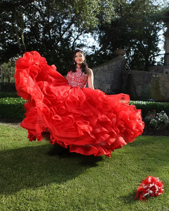 Beautiful Red Quinceanera Dresses Ball Gown Ruffles Skirt Organza Halter Neck Sweet 16 Dress