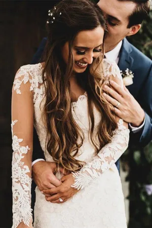 Beautiful Tulle Lace Ivory V-neck Long Sleeves Wedding Dress Bridal Gowns OK1138