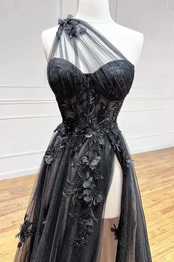 Black A-line Tulle One Shoulder 3D Lace Appliques Long Prom Dresses, MP889