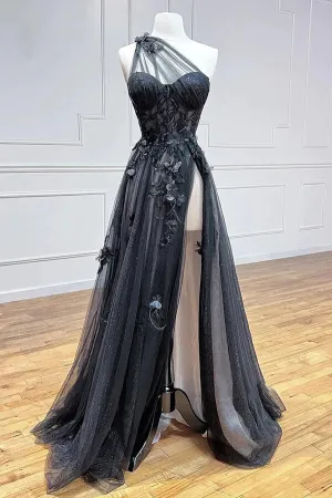 Black A-line Tulle One Shoulder 3D Lace Appliques Long Prom Dresses, MP889