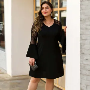 Black Cocktail Dresses A-Line Full Sleeve Ruffles V-Neck See-Through Above Knee Lace