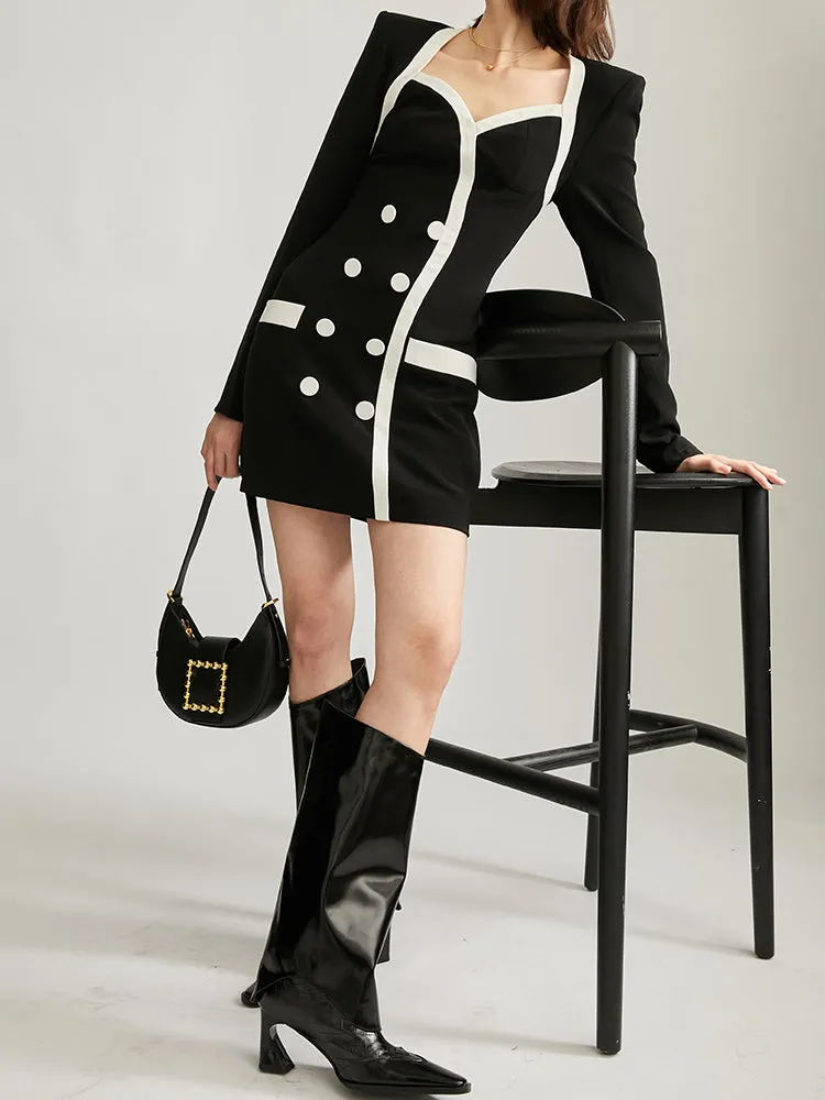 Black Dress For Women Square Collar Long Sleeve High Waist