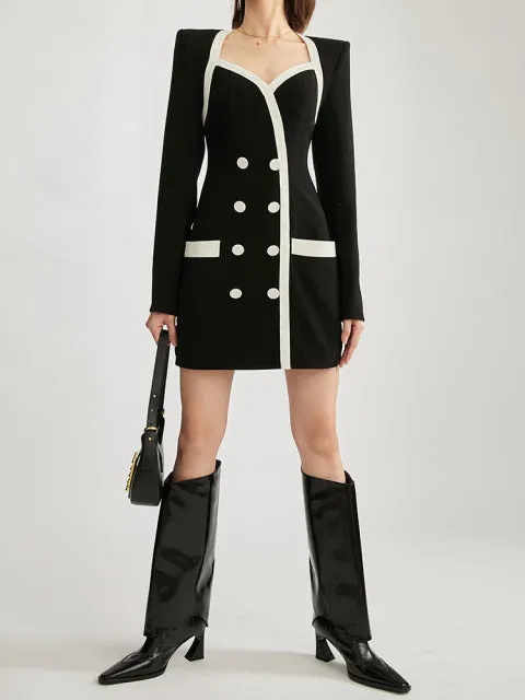 Black Dress For Women Square Collar Long Sleeve High Waist
