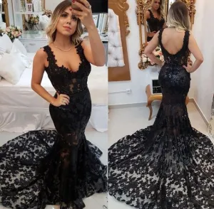 black evening dresses long lace applique mermaid elegant v neck sleeveless modest evening gown