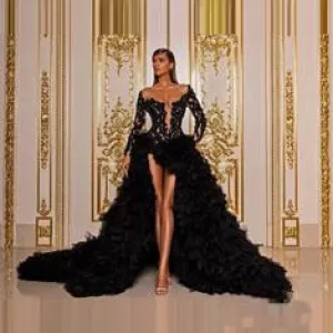 Black Illusion Beaded Tiered Tulle High Front Slit Long Sleeves Dress