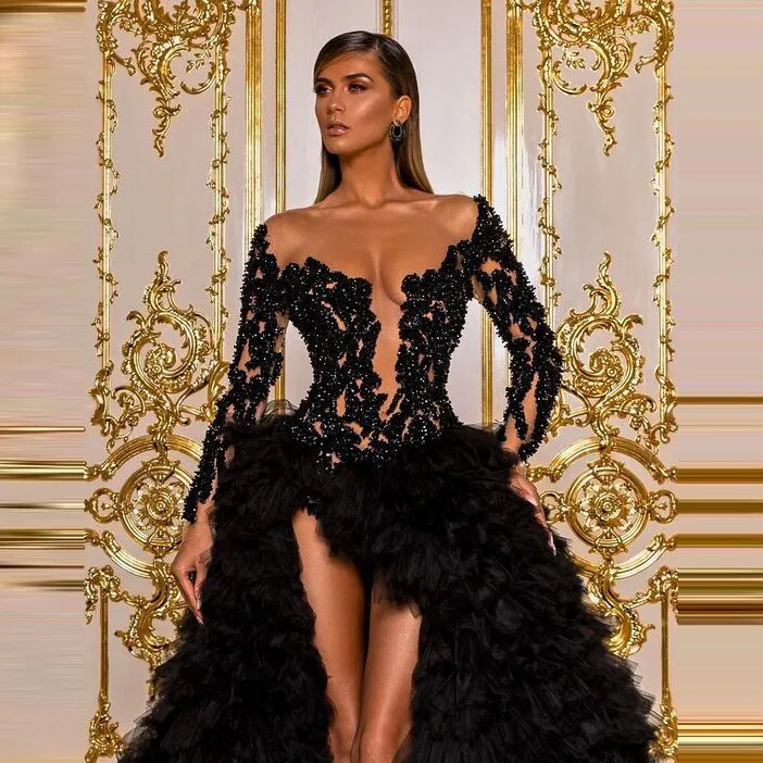Black Illusion Beaded Tiered Tulle High Front Slit Long Sleeves Dress
