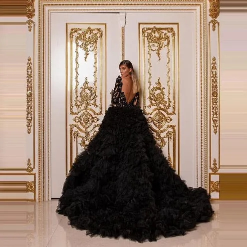 Black Illusion Beaded Tiered Tulle High Front Slit Long Sleeves Dress