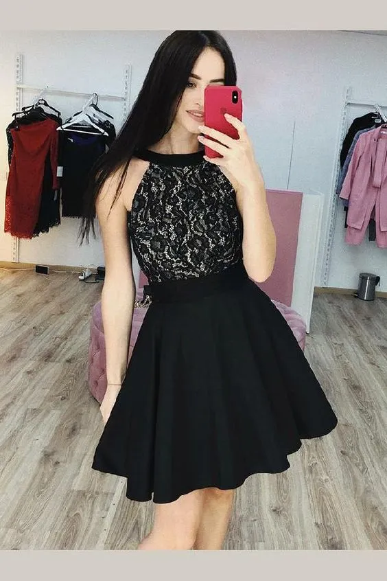 Black Lace Halter Homecoming Party Gown with Satin Skirt