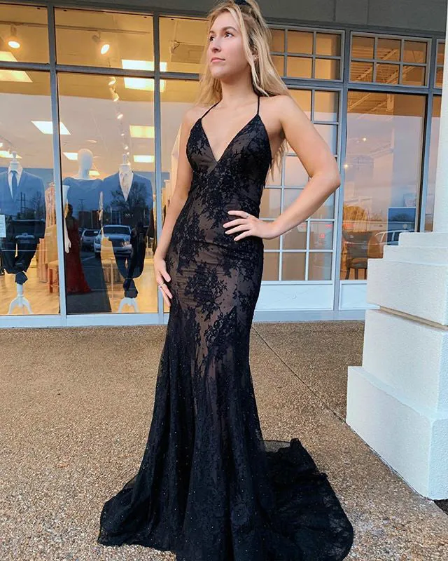 Black Lace Mermaid Prom Dresses 2019 Delicate Long Party Gown Appliques Criss Cross