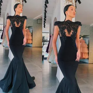 black modest evening dresses long cap sleeve lace applique beaded mermaid elegant evening gown
