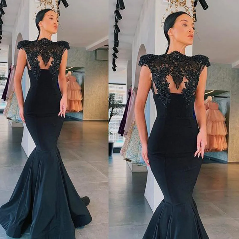black modest evening dresses long cap sleeve lace applique beaded mermaid elegant evening gown