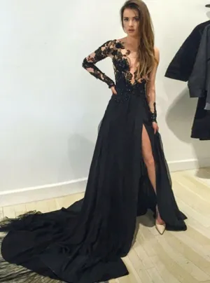 black prom dresses long sleeve lace appliqué beaded v neck chiffon cheap prom gown vestido de festa