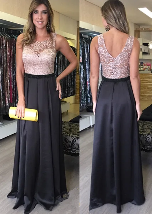 Black Satin Sleeveless Lace Prom Dresses Evening Dress