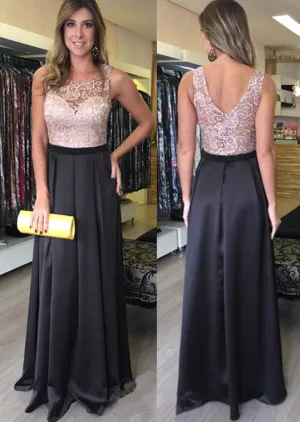 Black Satin Sleeveless Lace Prom Dresses Evening Dress