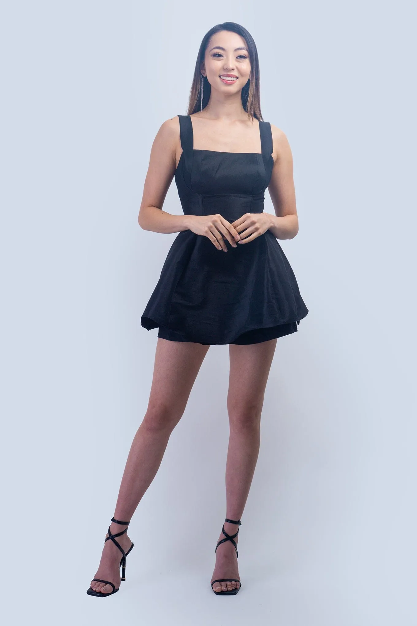 Black Satin Square Neck Flared Dress