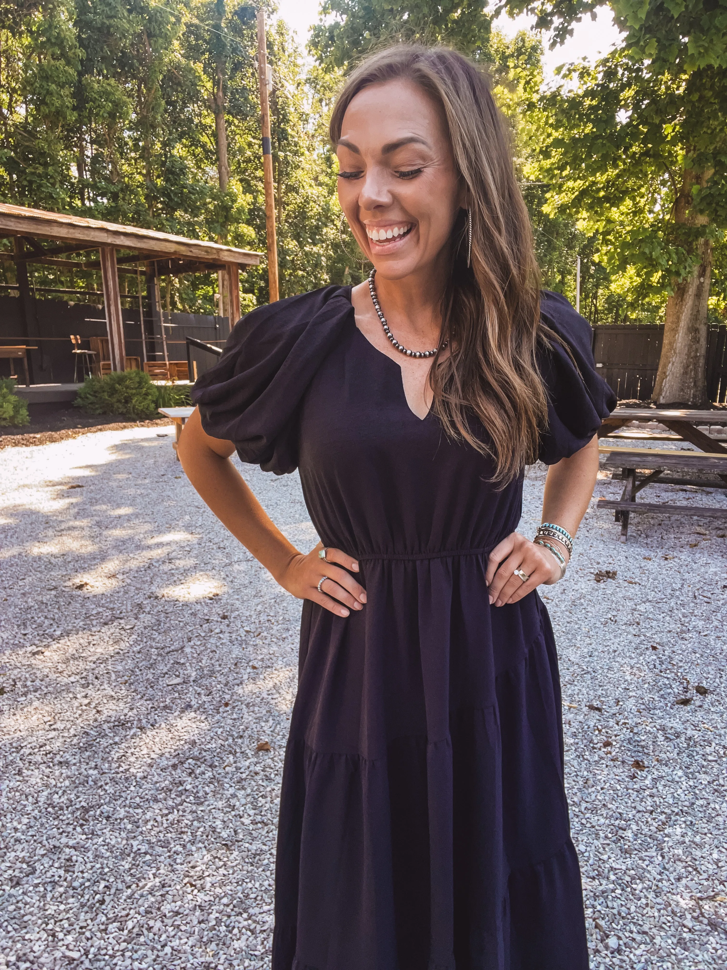 Black Silky Woven Empire Dress
