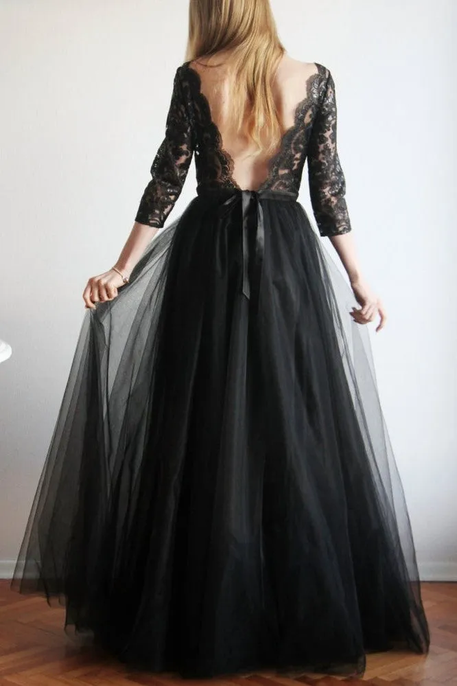 Black Tulle Lace Evening Gown with Three Quarter Sleeves