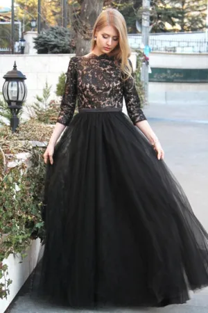 Black Tulle Lace Evening Gown with Three Quarter Sleeves