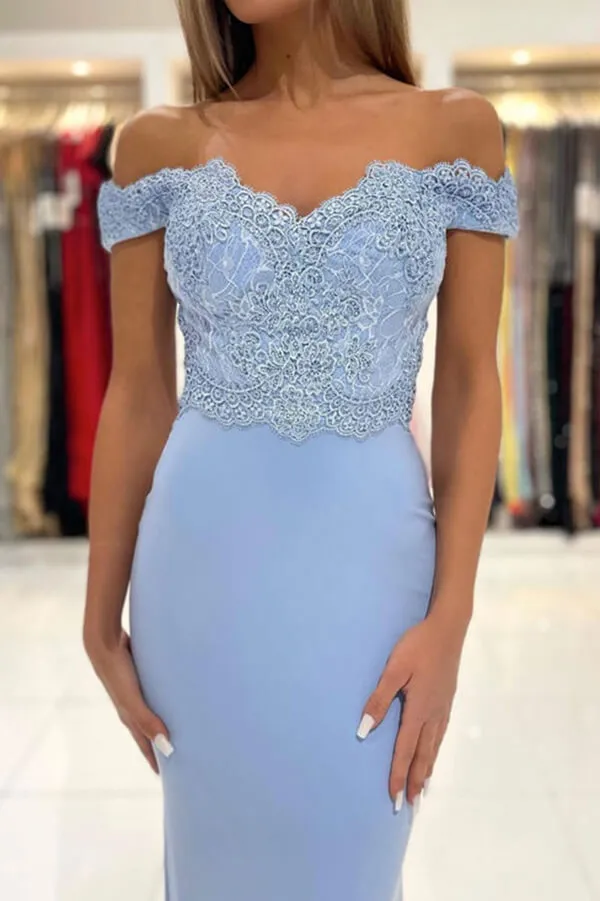 Blue Chiffon Mermaid Off-the-Shoulder Lace Prom Dresses, Evening Dresses, MP702