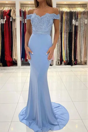 Blue Chiffon Mermaid Off-the-Shoulder Lace Prom Dresses, Evening Dresses, MP702