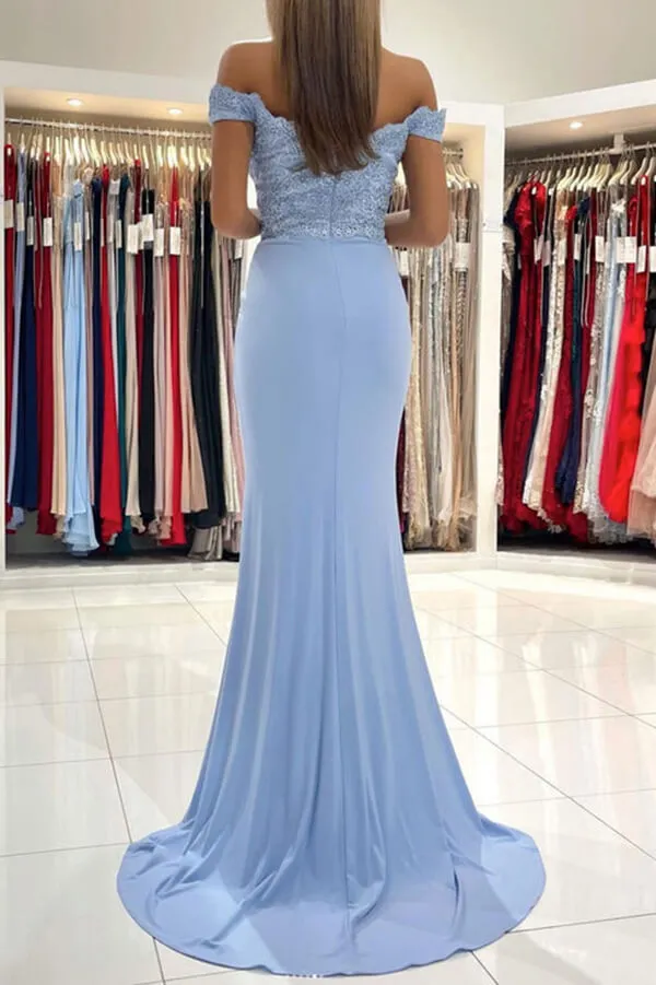 Blue Chiffon Mermaid Off-the-Shoulder Lace Prom Dresses, Evening Dresses, MP702