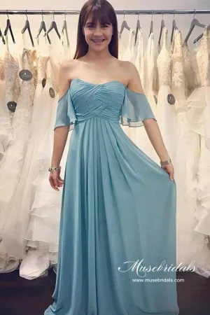 Blue Chiffon Ruched A-line Off-the-Shoulder Long Bridesmaid Dresses, MBD242