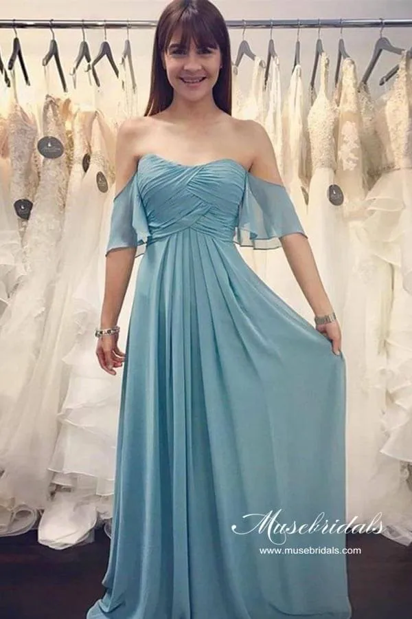 Blue Chiffon Ruched A-line Off-the-Shoulder Long Bridesmaid Dresses, MBD242