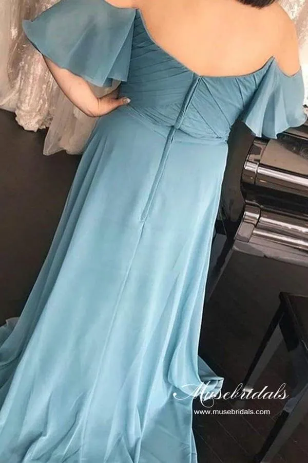 Blue Chiffon Ruched A-line Off-the-Shoulder Long Bridesmaid Dresses, MBD242