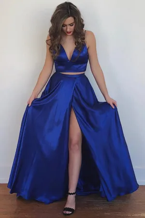 Blue Long Party Gowns Pockets Spaghetti Straps Two Piece Prom Dresses,MP529