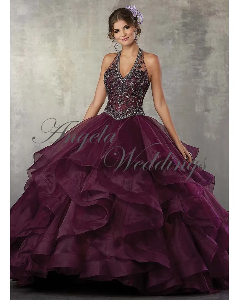 Blue Quinceanera Dresses 2018 Halter Neckline Beaded Ball Gowns Sweet 16