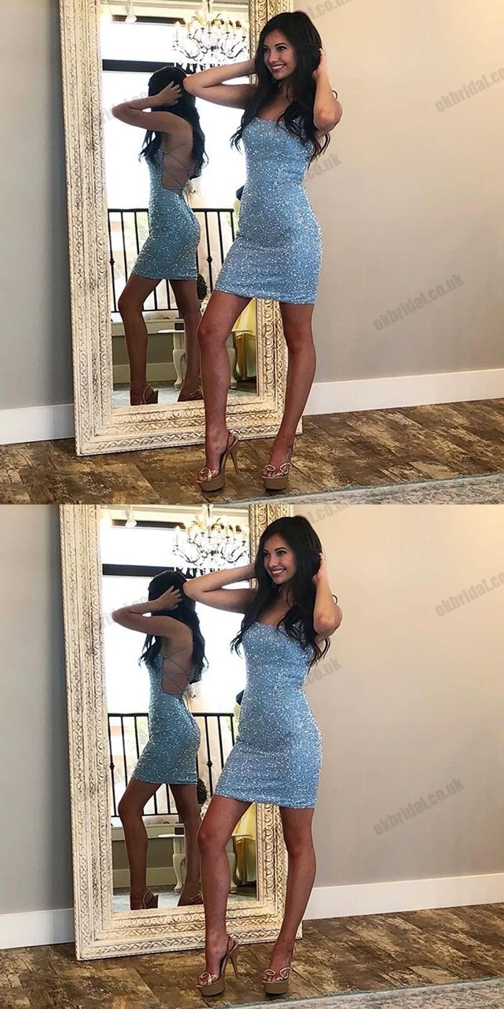Blue Spaghetti Straps Homecoming Dress, Backless Mermaid Sexy Sequin Homecoming Dress, D1454
