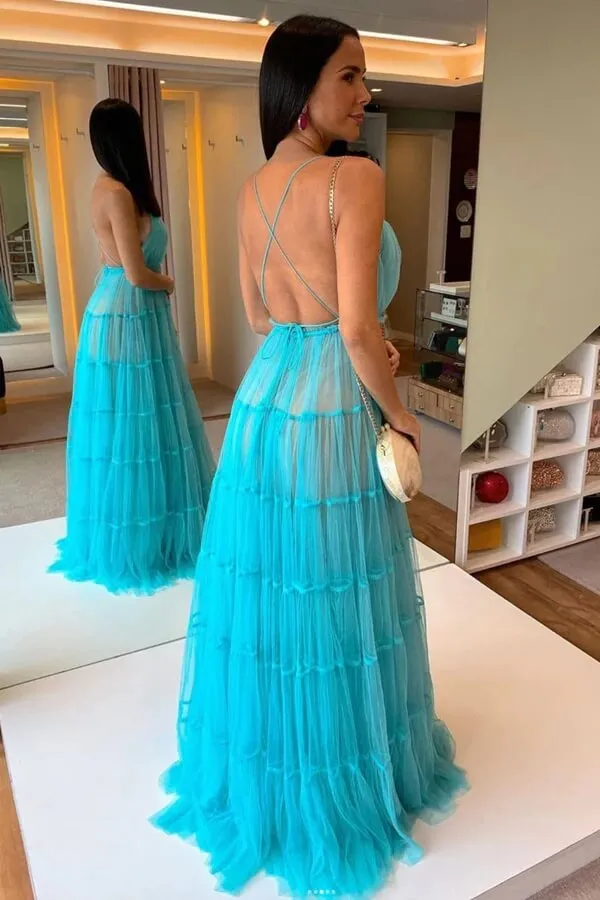 Blue Tulle Tiered A-line V-neck Floor Length Prom Dresses, Evening Gowns, MP724