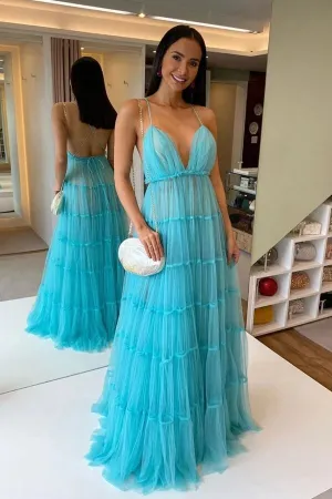 Blue Tulle Tiered A-line V-neck Floor Length Prom Dresses, Evening Gowns, MP724