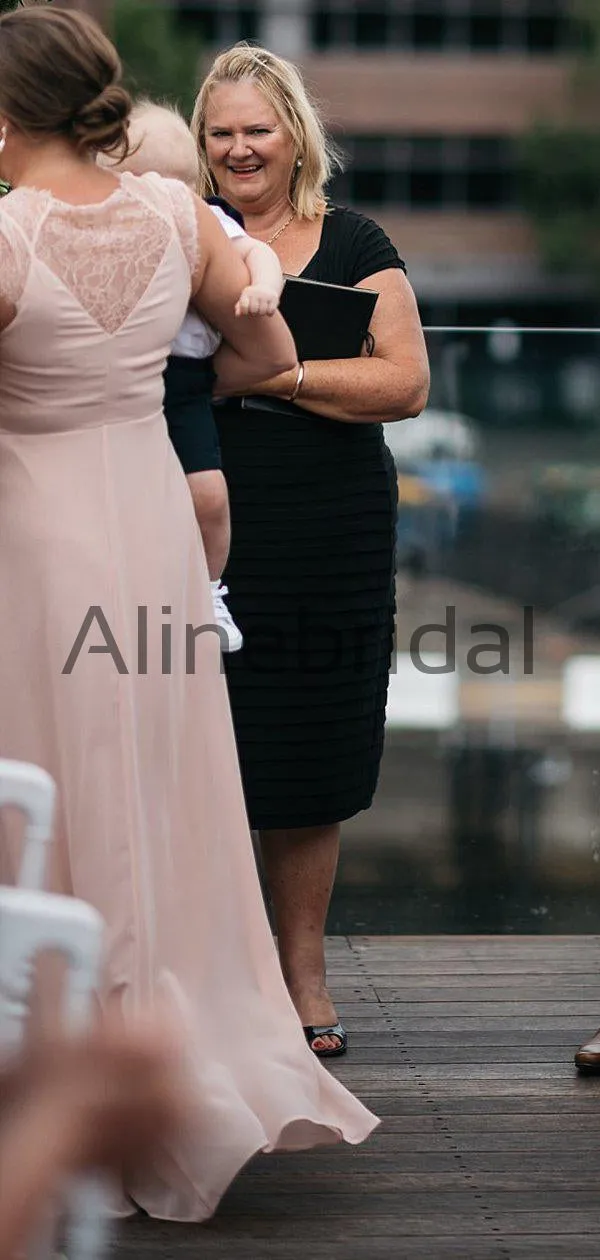 Blush Pink Chiffon Lace Cap Sleeve A-line Long Bridesmaid Dresses, AB4107