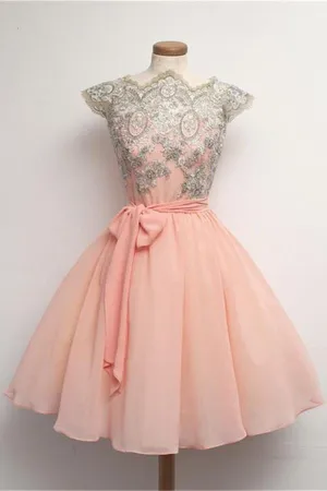 Blush Pink Lace Short Chiffon Homecoming Dress With Belt K182