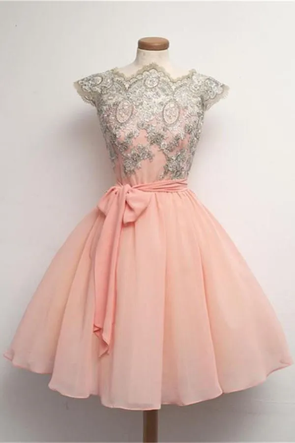Blush Pink Lace Short Chiffon Homecoming Dress With Belt K182