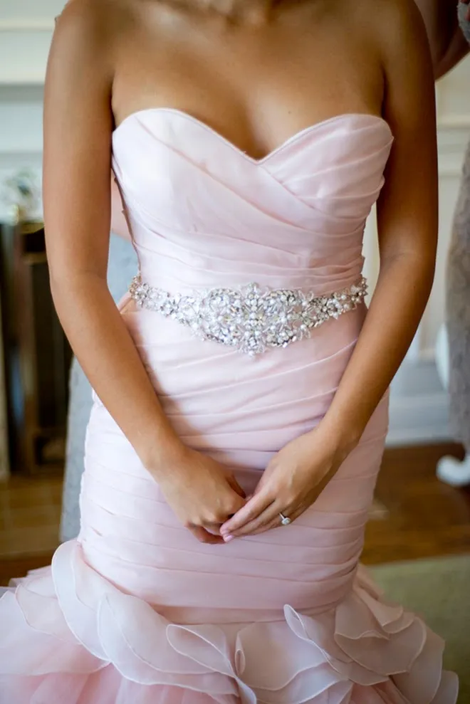 Blush Pink Organza Mermaid Wedding Gown Ruffles Skirt