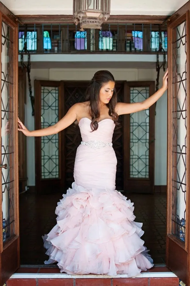 Blush Pink Organza Mermaid Wedding Gown Ruffles Skirt